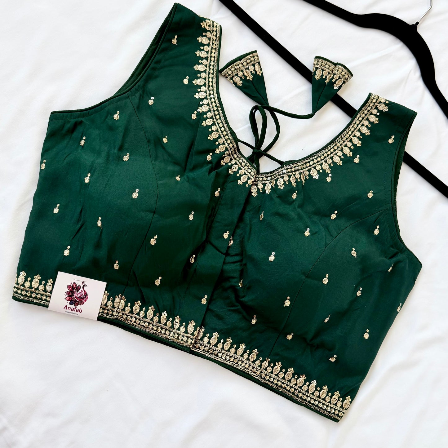 Green Jacquard Saree Blouse, Gold Embroidered Designer Blouse, Deep Back Neck Blouse with Latkan, Ready to Wear Indian Blouse, Crop top