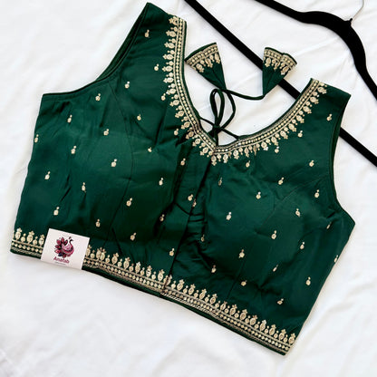 Green Jacquard Saree Blouse, Gold Embroidered Designer Blouse, Deep Back Neck Blouse with Latkan, Ready to Wear Indian Blouse, Crop top