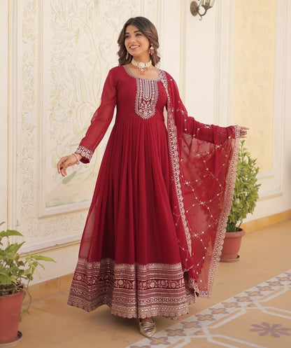 Maroon Embroidered Gown with Dupatta | Fully Stitched Anarkali Style Dress | Indian Ethnic Wear for Weddings & Parties