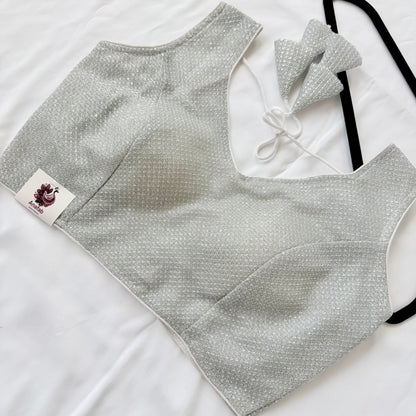 Silver Zari Sleeveless Saree Blouse, Shimmer Ready to Wear Indian Blouse, V Neck Padded Blouse, Party Wedding Blouse,lehenga top, Crop top