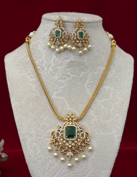Emerald Green AD Stone Necklace Set, Gold Tone Pendant Necklace with Pearl Drops, Matching Earrings, Indian Wedding Jewelry, Ships from USA