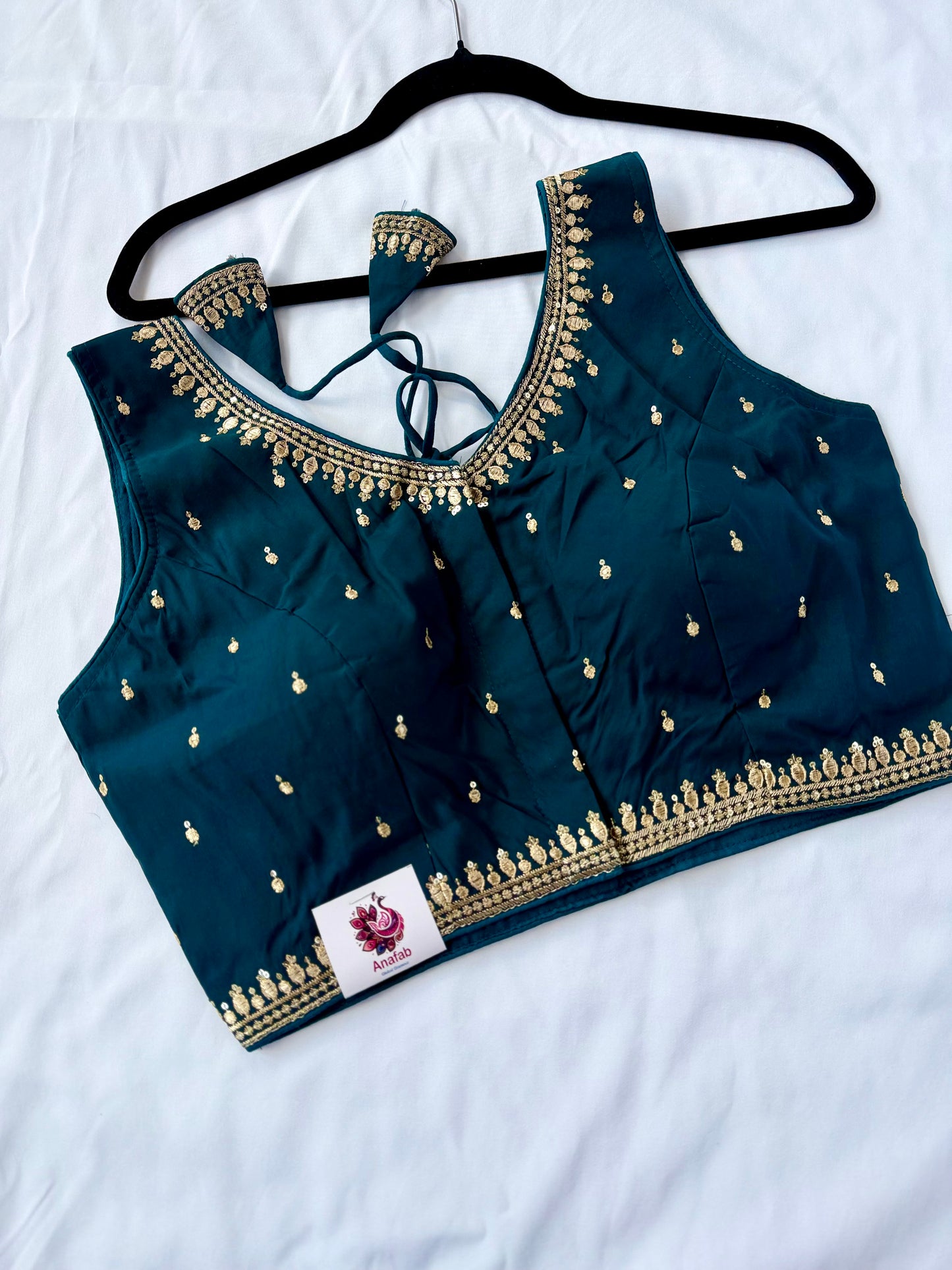 Dark Teal Jacquard Saree Blouse, Gold Embroidered Designer Blouse, Deep Back Neck Blouse with Latkan, Ready to Wear Indian Blouse, Crop top
