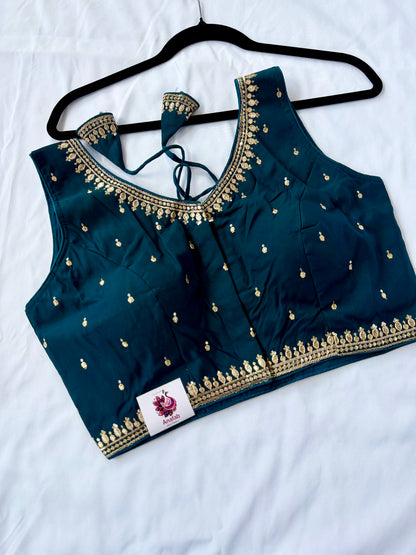 Dark Teal Jacquard Saree Blouse, Gold Embroidered Designer Blouse, Deep Back Neck Blouse with Latkan, Ready to Wear Indian Blouse, Crop top