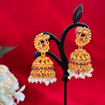Traditional Antique Gold Jhumka Earrings with Kemp Stones & Pearl Drops | Temple Style South Indian Jhumki | Bridal Festive Ethnic Earrings
