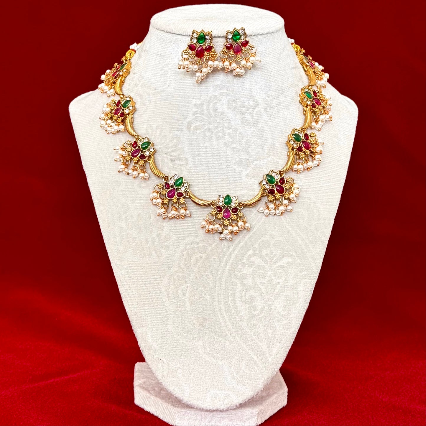 Temple Style Gold Necklace Set with Green & Ruby Stones, Pearl Drop Indian Jewelry, Traditional Bridal Necklace, Festive Wedding Jewelry Set