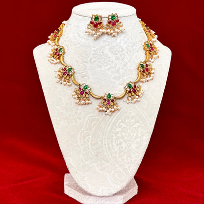 Temple Style Gold Necklace Set with Green & Ruby Stones, Pearl Drop Indian Jewelry, Traditional Bridal Necklace, Festive Wedding Jewelry Set