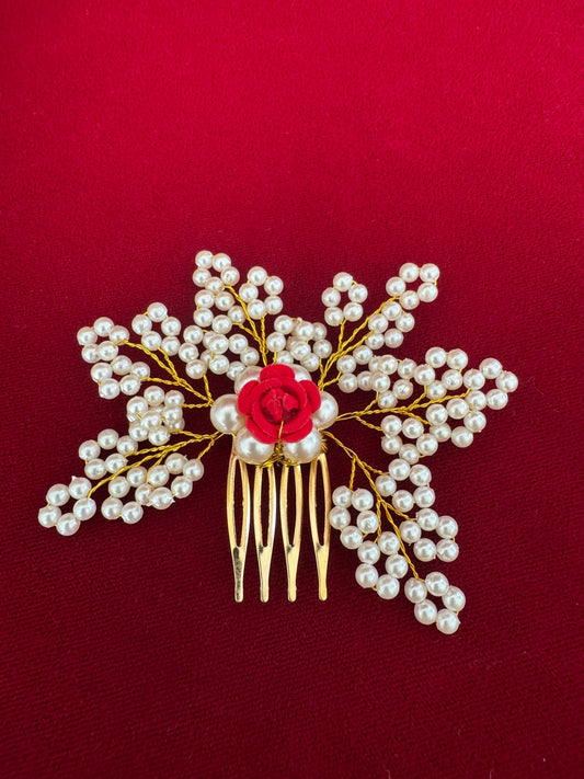 Pearl Floral Hair Brooch with Red Rose – Bridal Hair Comb, Traditional Bun Pin, Wedding Hair Accessory, Saree Hair Jewelry