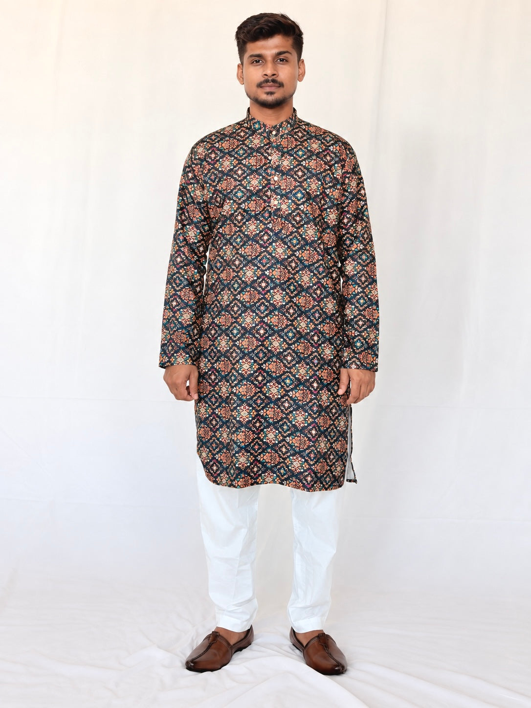 Men’s Printed Kurta Pajama Set, Navy Blue Multicolor Ethnic Kurta, Traditional Indian Outfit for Men, Diwali Outfit, Wedding Festive Wear,
