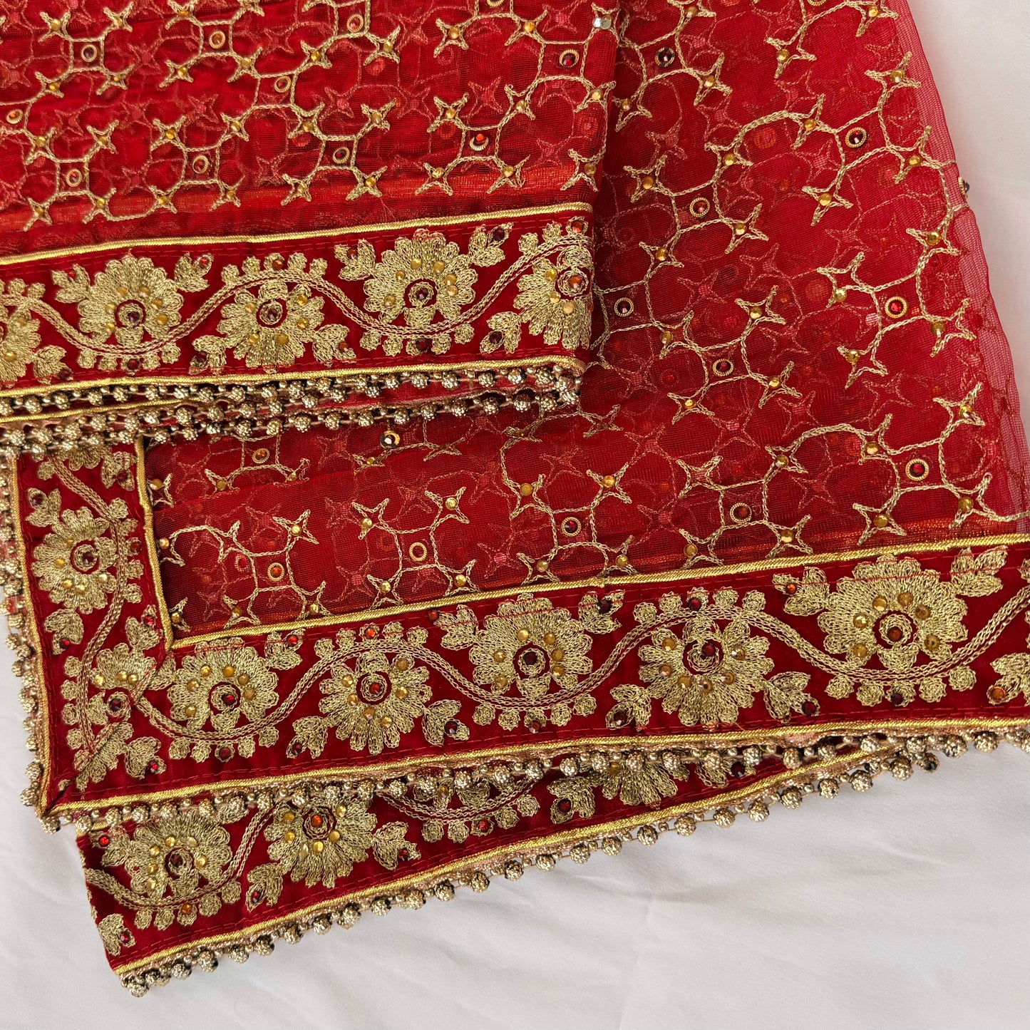 Red Bridal Net Dupatta for Lehenga | Heavy Embroidered Dulhan Dupatta | Indian Wedding Chunni | Bridal Veil with Gold Border | Bride Dupatta