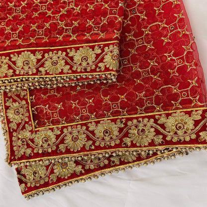 Red Bridal Net Dupatta for Lehenga | Heavy Embroidered Dulhan Dupatta | Indian Wedding Chunni | Bridal Veil with Gold Border | Bride Dupatta