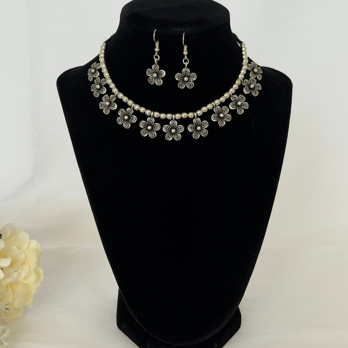 Kids Oxidized Silver Flower Necklace Set, Girls Floral Jewelry, Navratri Jewelry, Indian Festive Necklace Earrings, Oxidized Jewelry, gift for kids
