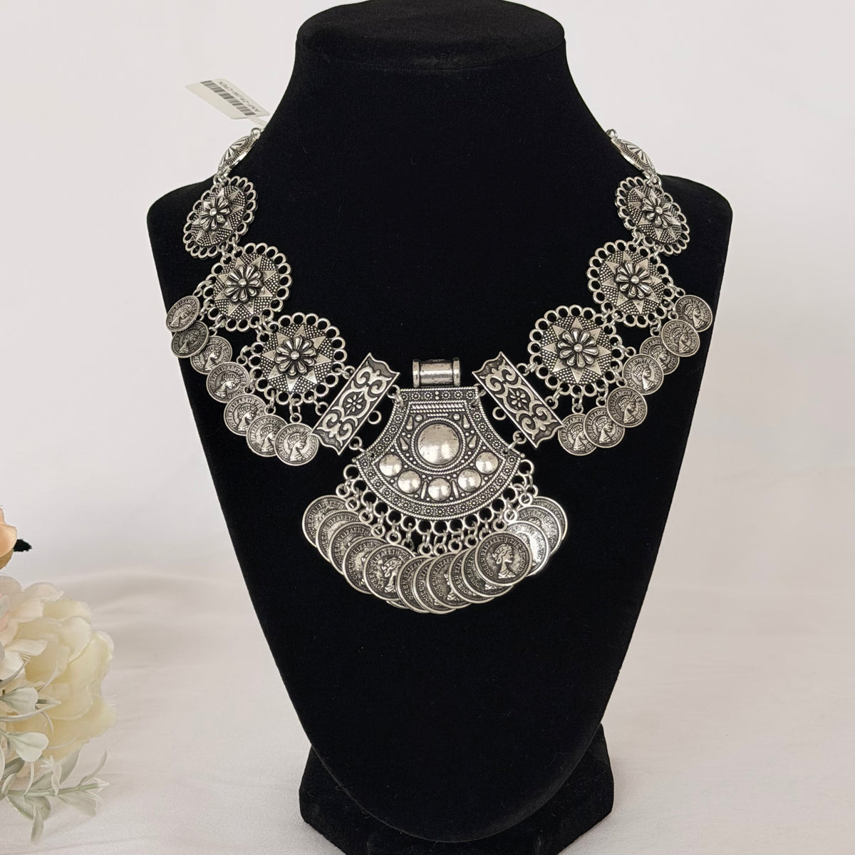 Oxidized Silver Coin Necklace Set with Earrings, Statement Indian Tribal Jewelry, Boho Ethnic Necklace, Navratri Garba Jewelry, Festival Gif