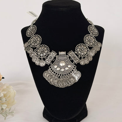Oxidized Silver Coin Necklace Set with Earrings, Statement Indian Tribal Jewelry, Boho Ethnic Necklace, Navratri Garba Jewelry, Festival Gif