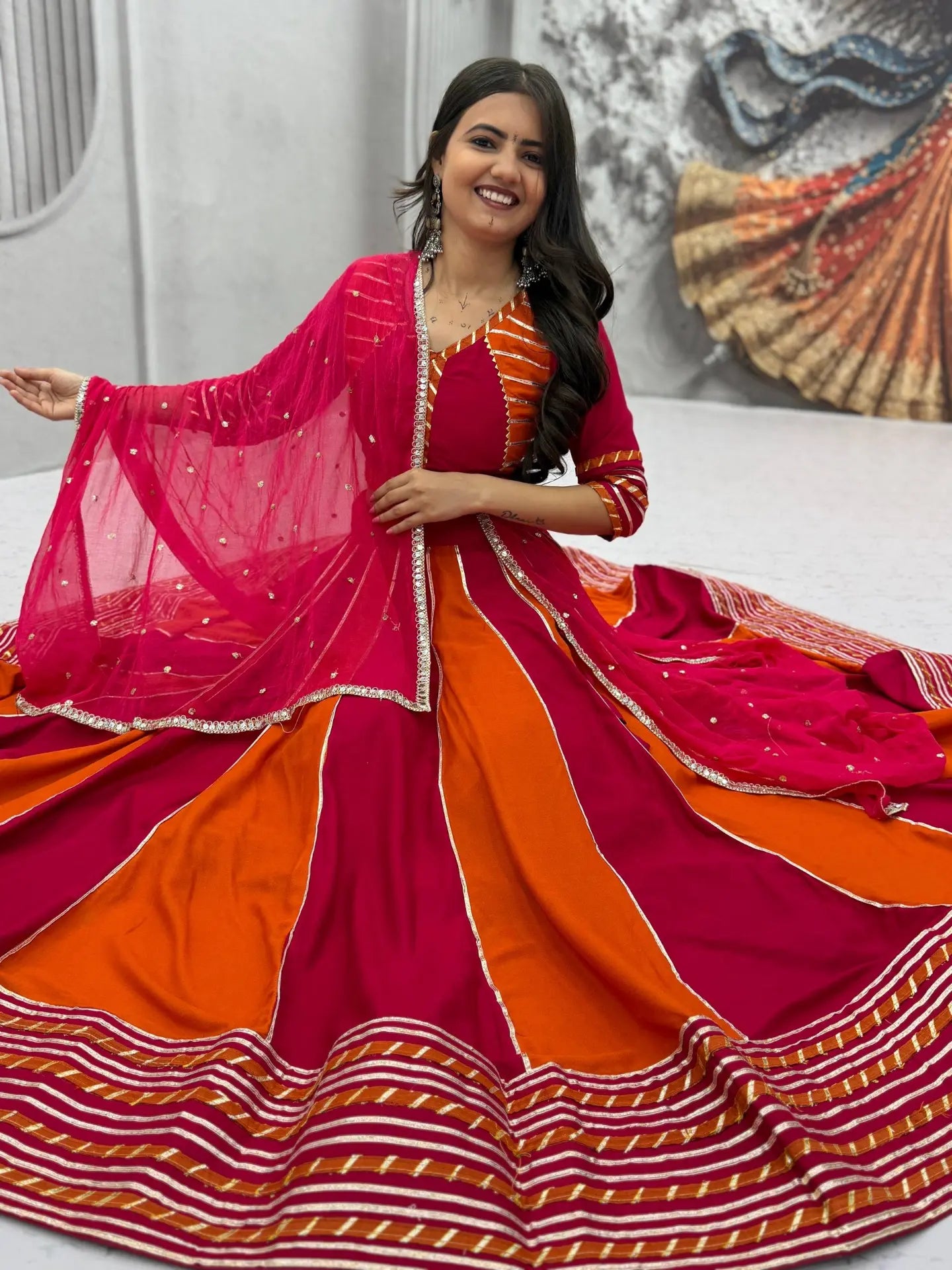 Navratri Lehenga Choli for Women, Pink Orange Cotton Garba Chaniya Choli, Mirror Work Dandiya Outfit, Indian Wedding Festive Lehenga Set