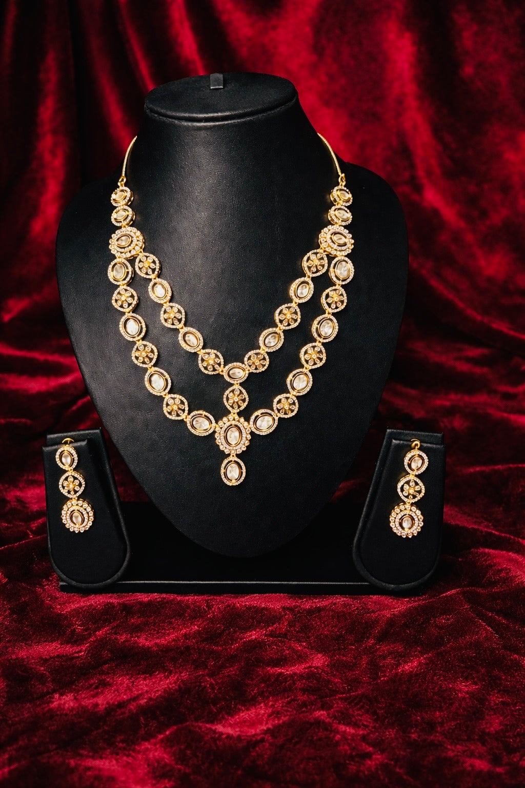 Antique Gold Polki Bridal Necklace Set | Double Layer Indian Wedding Jewelry | Statement Festive Necklace with Earrings
