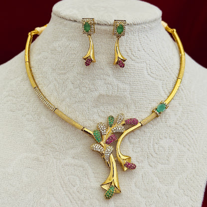 Designer CZ Floral Necklace Set, Gold Tone Statement Jewelry Set, Green Pink Stone Necklace, Party Wear Indian Jewelry, Modern Ethnic Gift