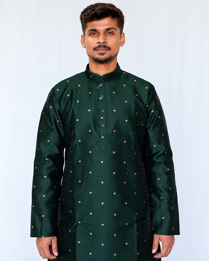 Men’s Bottle Green Jacquard Kurta Pajama Set, Golden Butti Brocade Kurta, Indian Wedding Outfit, Festive Ethnic Wear, Diwali outfit,