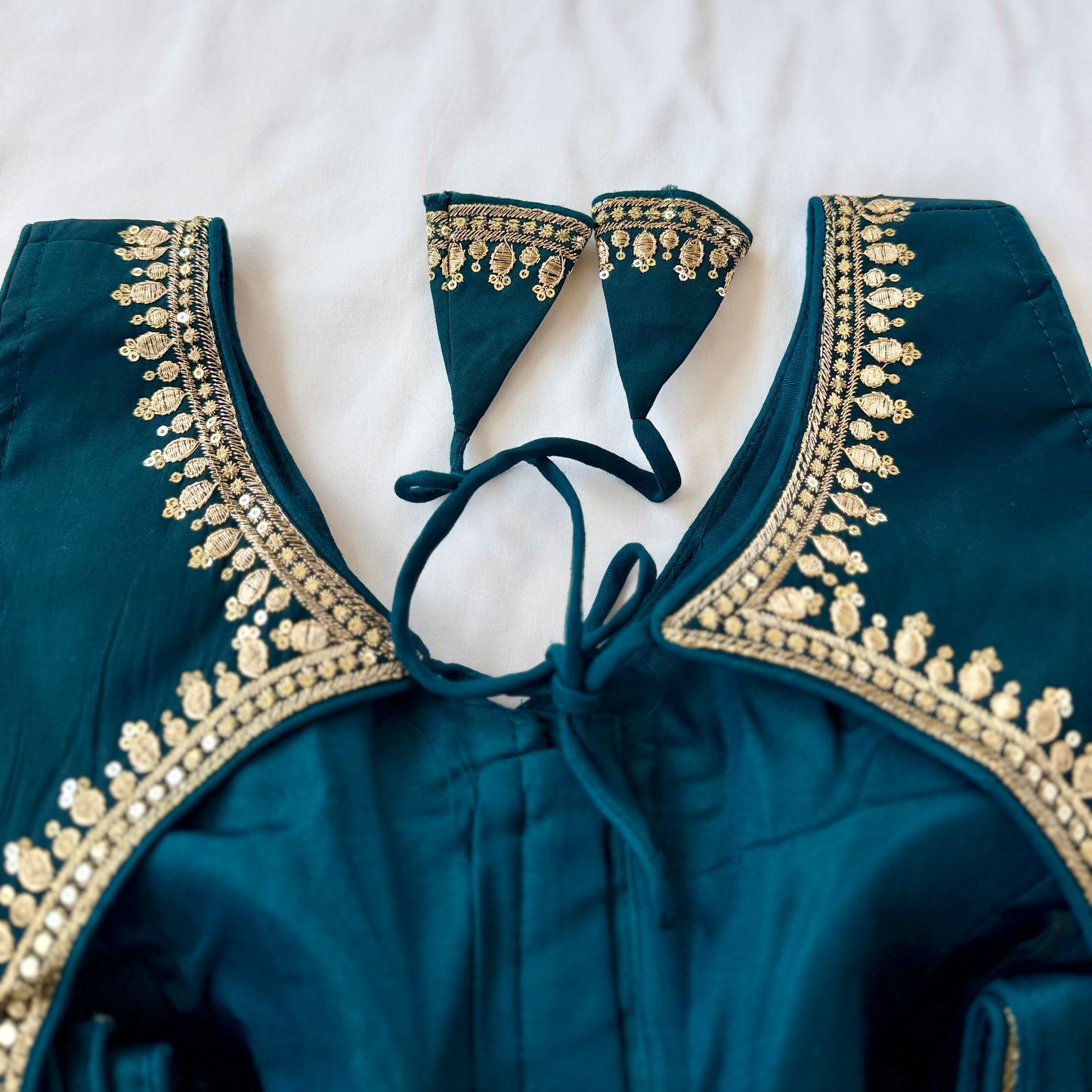 Dark Teal Jacquard Saree Blouse, Gold Embroidered Designer Blouse, Deep Back Neck Blouse with Latkan, Ready to Wear Indian Blouse, Crop top