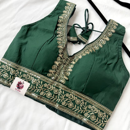 Green Saree Blouse, Gold Zari Embroidered Blouse, Ready to Wear Indian Blouse, Sleeveless Designer Blouse, Wedding Festive Blouse