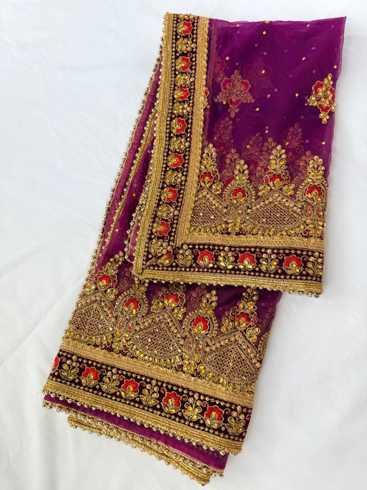 Purple Bridal Net Dupatta, Heavy Zardozi Wedding Dupatta, Dulhan Chunni, Designer Bridal Veil, Indian Wedding Lehenga Dupatta