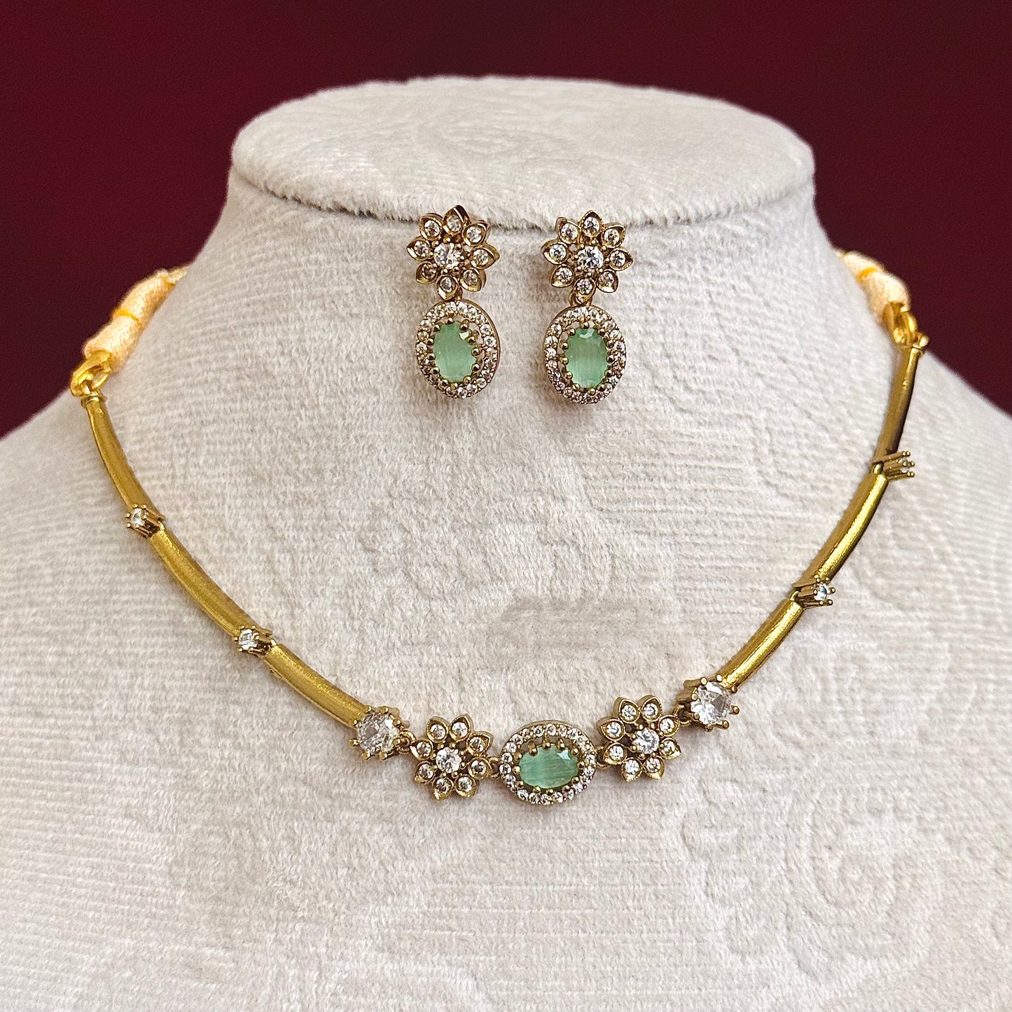 Mint Green Stone Necklace Set, Elegant Gold Floral Necklace, Indian Wedding Jewelry Set, CZ Diamond Necklace, Bridesmaid Jewelry, Party Wear