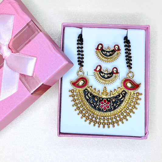 Chandrakor Mangalsutra Set with Earrings | Maharashtrian Black Bead Mangalsutra | Traditional Crescent Pendant Necklace | Indian Bridal Jewelry