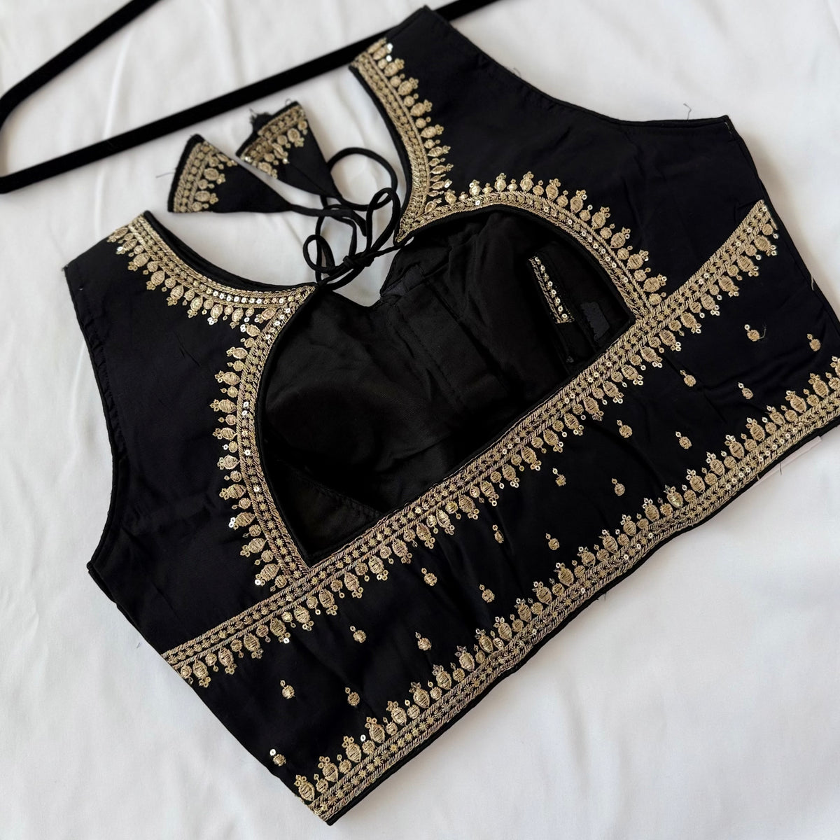 Black Jacquard Saree Blouse, Gold Embroidered Designer Blouse, Deep Back Neck Blouse with Latkan, Ready to Wear Indian Blouse, Crop top