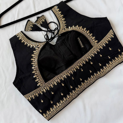 Black Jacquard Saree Blouse, Gold Embroidered Designer Blouse, Deep Back Neck Blouse with Latkan, Ready to Wear Indian Blouse, Crop top