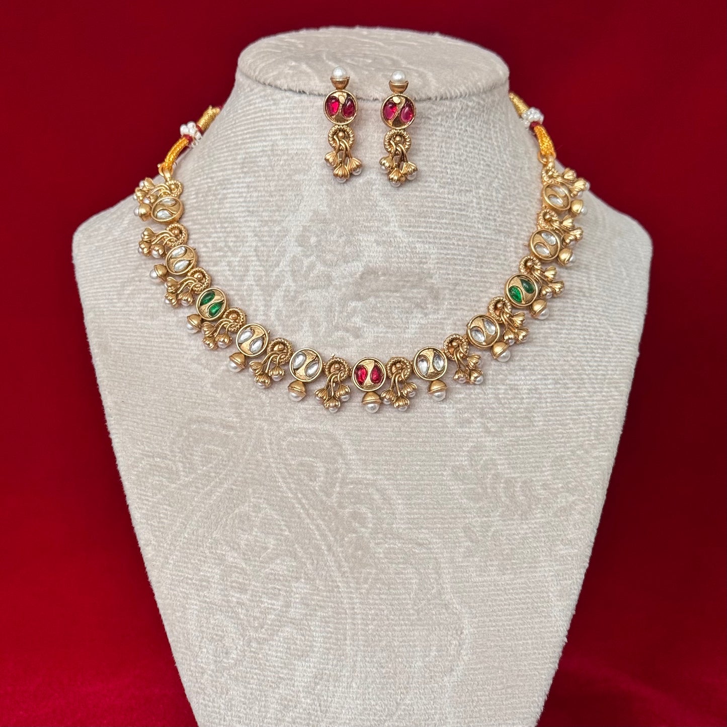 Majak Necklace Set | Antique Gold Tone Temple Jewelry Set | Kundan & Pearl Choker Necklace | Traditional Indian Bridal Necklace | Festive We