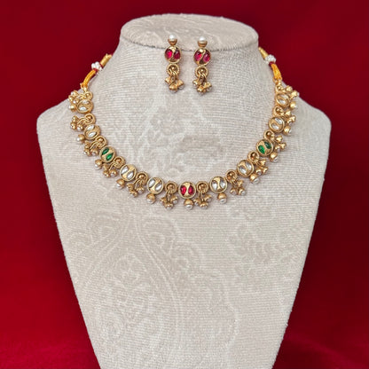 Majak Necklace Set | Antique Gold Tone Temple Jewelry Set | Kundan & Pearl Choker Necklace | Traditional Indian Bridal Necklace | Festive We