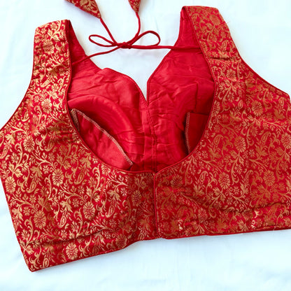 Red Gold Brocade Blouse, Designer Blouse, Readymade Indian Blouse, Padded Sleeveless Blouse, Wedding Festive Blouse, Crop top, lehenga blous