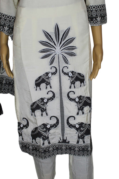 Elegant Cream and Black Handblock Print Cotton Kurta Set with Dupatta