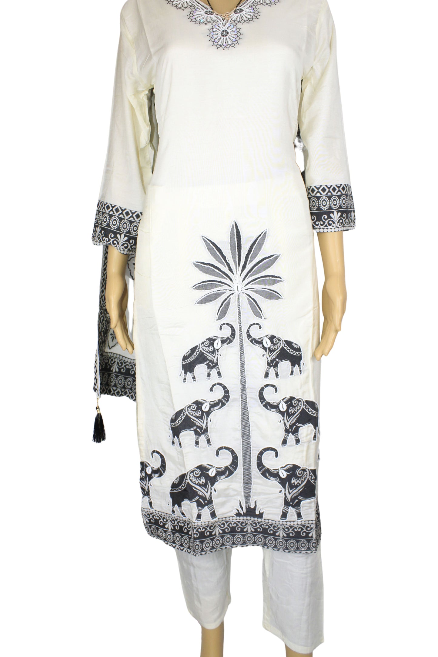 Elegant Cream and Black Handblock Print Cotton Kurta Set with Dupatta