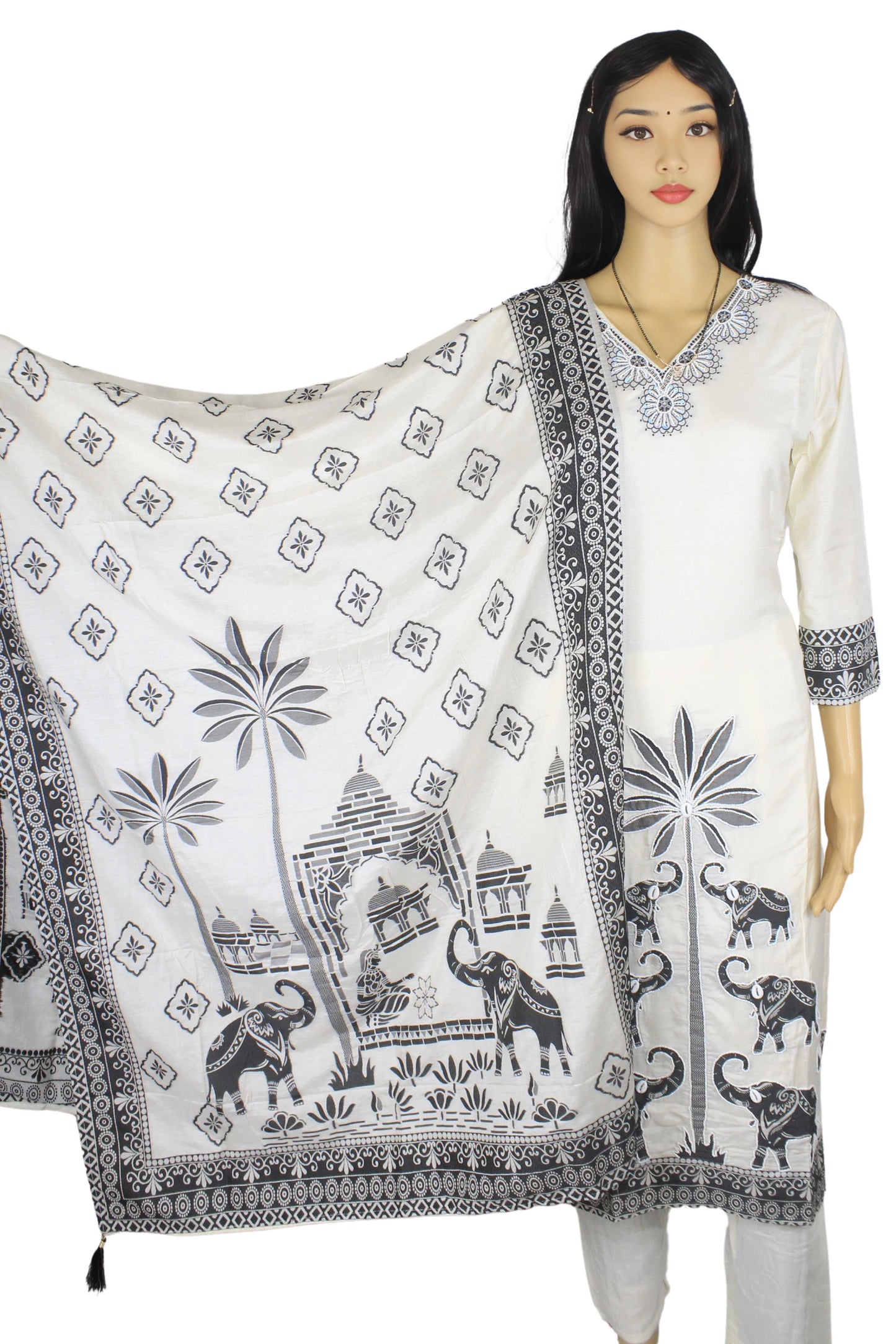 Elegant Cream and Black Handblock Print Cotton Kurta Set with Dupatta