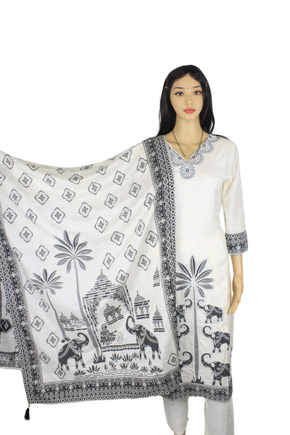 Elegant Cream and Black Handblock Print Cotton Kurta Set with Dupatta