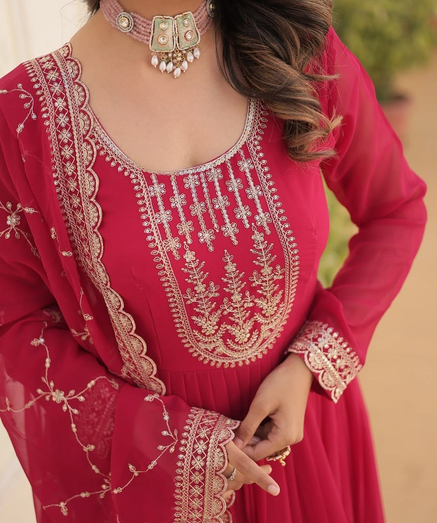 Pink Embroidered Gown with Dupatta | Fully Stitched Anarkali Style Dress | Indian Ethnic Wear for Weddings & Parties