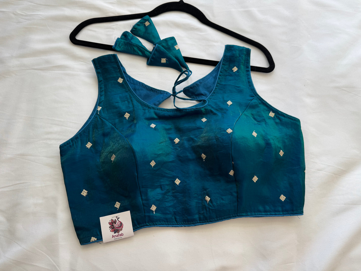 Peacock Green Fandy Silk Blouse | Dual Tone Shiny Sequins Butti Readymade Padded Blouse