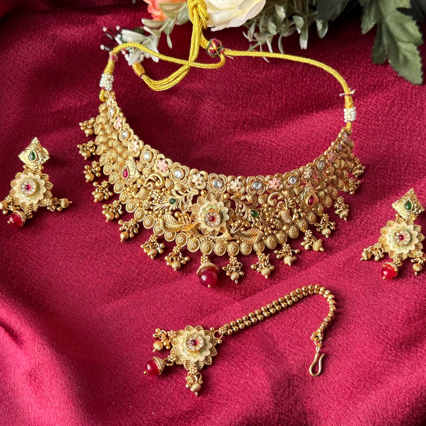 Traditional Antique Gold Choker Necklace Set with Earrings & Maang Tikka | Indian Bridal Jewelry Set | Floral Temple Style Wedding Necklace