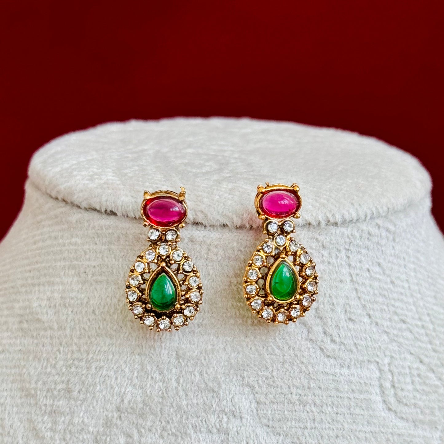 Emerald Green & Ruby Pink Stone Necklace Set, Gold Bridal Jewelry Set, Wedding Necklace, Statement CZ Necklace with Earrings, Festive wear