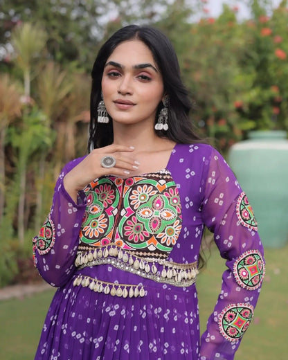 Navratri Bandhani Gown, Purple Garba Dress, Kutchi Patchwork Anarkali, Gujarati Traditional Dress, 12 Meter Flared Indian Ethnic Gown