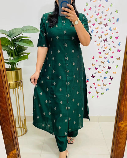 Emerald Green Cotton Co-Ord Set for Women, Princess Cut A Line Kurti with Pants, Ethnic Co-ords with Pockets, Daily Wear Outfit, office wear