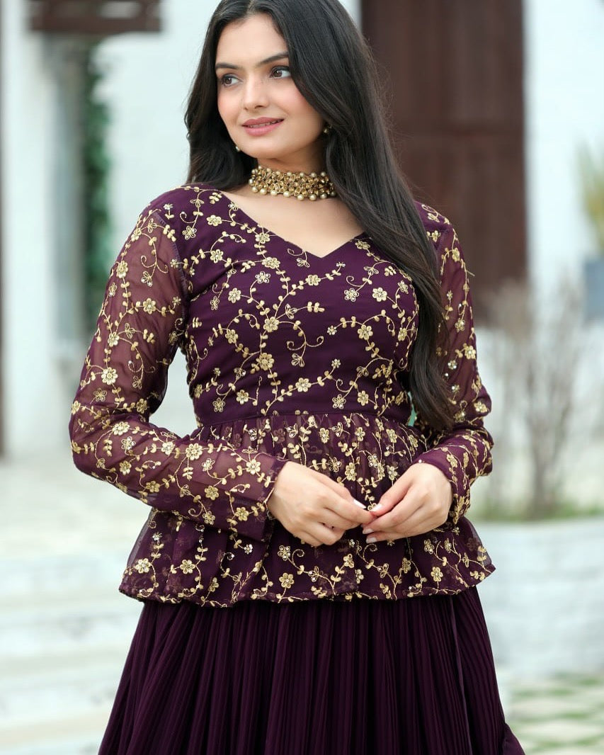 Elegant Wine Lehenga Choli Set | Heavy Embroidered Sequin Blouse with Full flair Crush Pleated Skirt | Wedding & Party Outfit