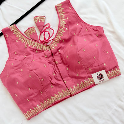 Deep Rose Pink Jacquard Saree Blouse, Gold Embroidered Designer Blouse, Deep Back Neck Blouse with Latkan, Ready to Wear Indian Blouse,