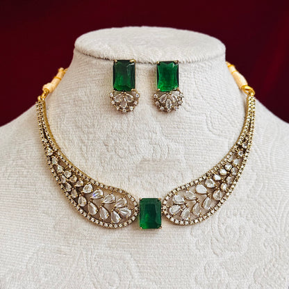 Emerald Green CZ Necklace Set, Indian Bridal Choker Jewelry, Gold Tone Statement Necklace with Earrings, Wedding Party Wear Set for Women