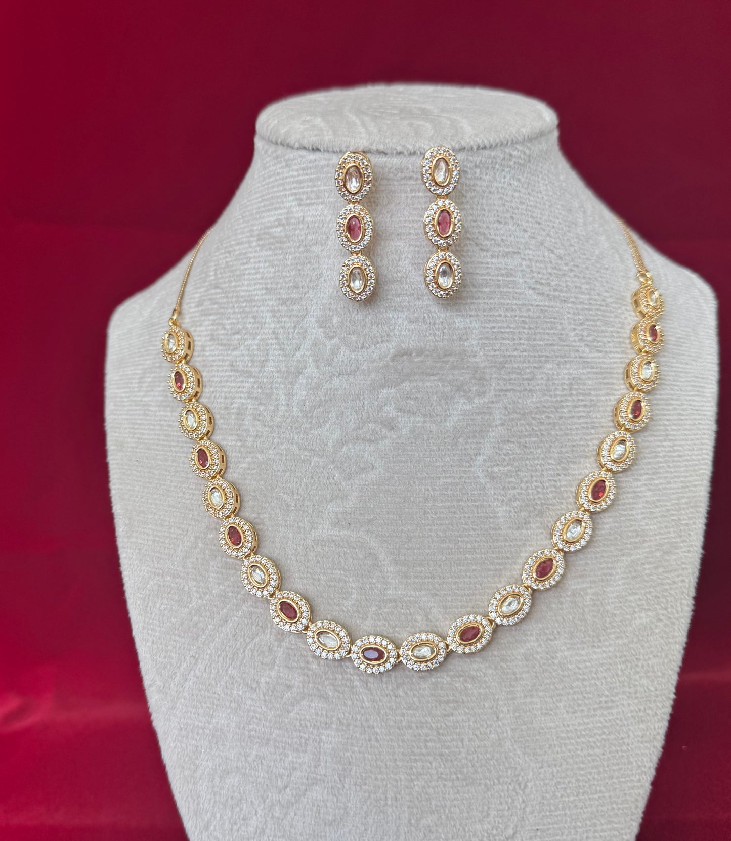 Ruby Oval Necklace Set Gold | Polki Style Long Necklace | Indian Wedding Jewelry Set | Bridal Necklace Earrings | Festive Party Wear Jewelry