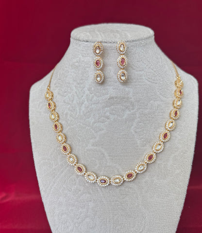 Ruby Oval Necklace Set Gold | Polki Style Long Necklace | Indian Wedding Jewelry Set | Bridal Necklace Earrings | Festive Party Wear Jewelry