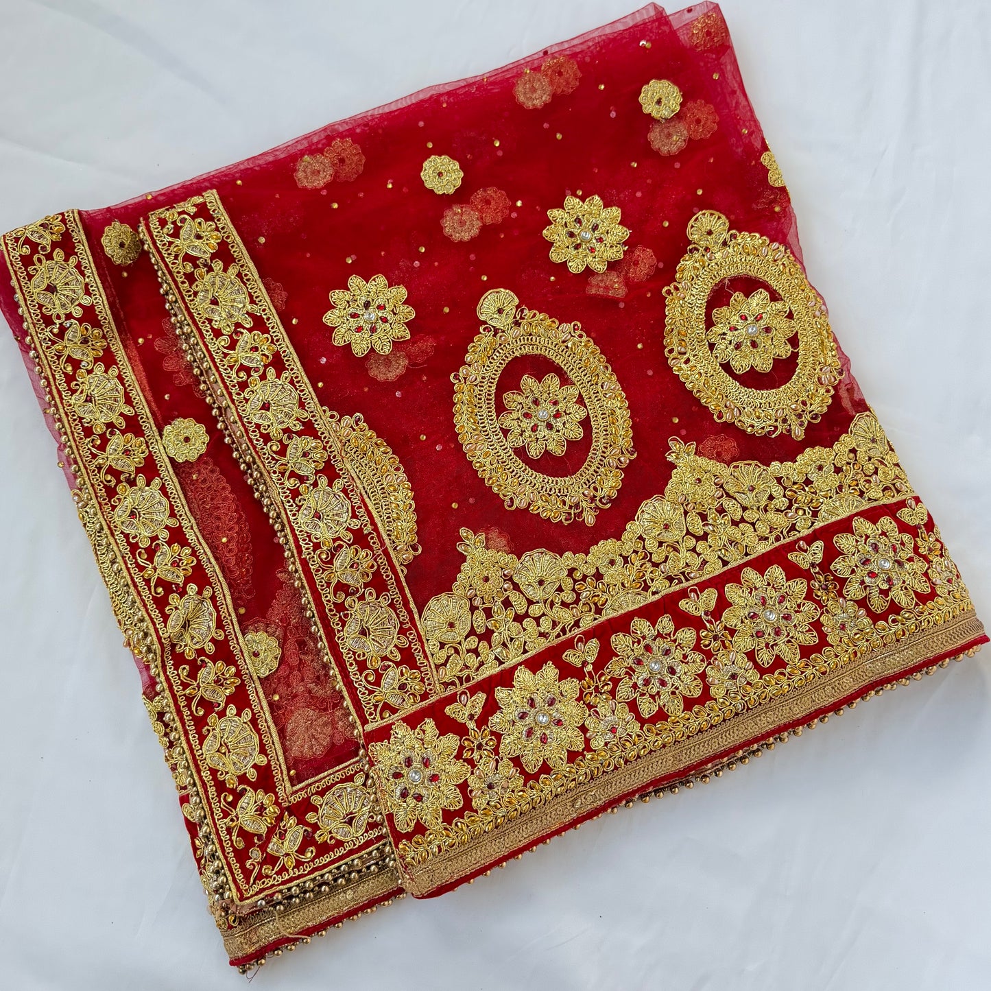 Bridal Red Net Dupatta with Heavy Zardozi Embroidery, Wedding Chunni, Dulhan Dupatta, Gold Lace Veil, Indian Bridal Dupatta