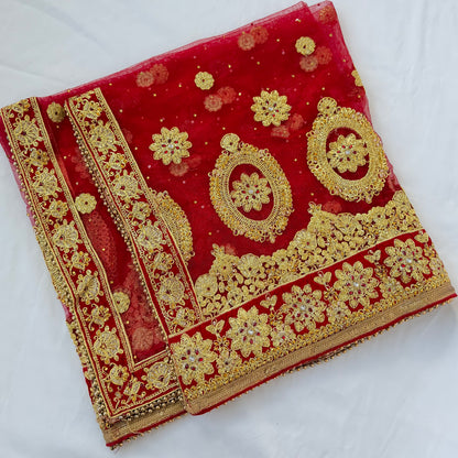 Bridal Red Net Dupatta with Heavy Zardozi Embroidery, Wedding Chunni, Dulhan Dupatta, Gold Lace Veil, Indian Bridal Dupatta