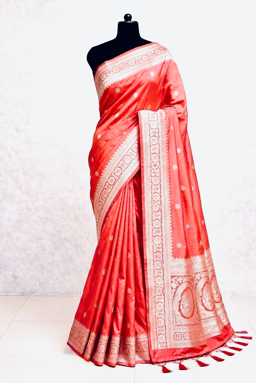 Peachy Pink Soft Silk Saree,Maharashtrian Zari Butti Saree, Traditional Saree, Festive Wedding Wear Saree, Rich Pallu Sari, Gift for Women