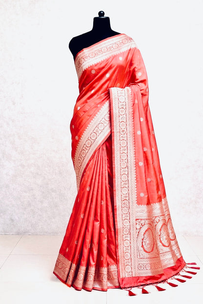 Peachy Pink Soft Silk Saree,Maharashtrian Zari Butti Saree, Traditional Saree, Festive Wedding Wear Saree, Rich Pallu Sari, Gift for Women
